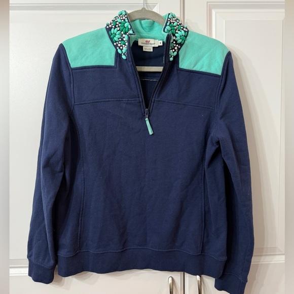 Vineyard Vines Shep Blue Bedazzled Half zip Sweater Sweatshirt Medium - Picture 1 of 5